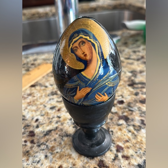 Russian Accents Antique Russian Virgin Mary Faberge Egg On Stand